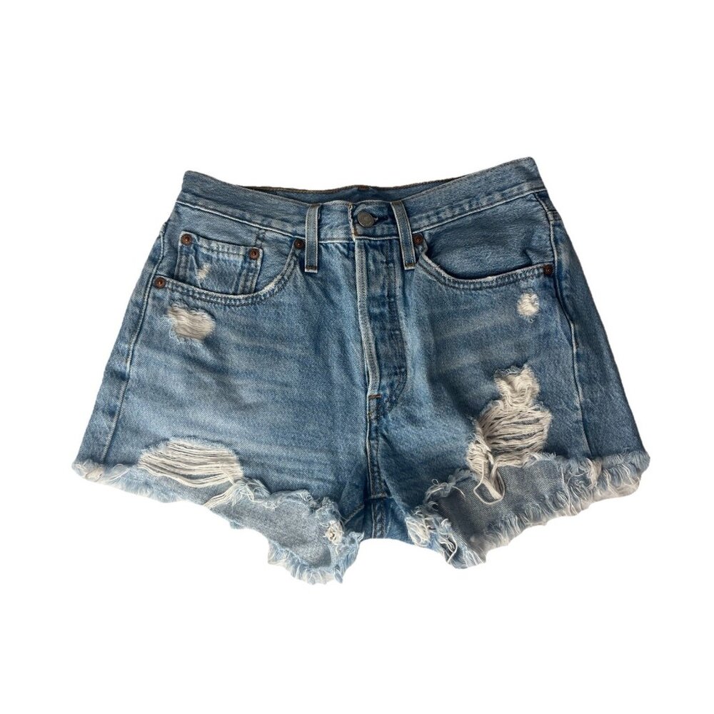 Levi's 501 Size W26 Light Blue High Rise Heavy Distressed Jean‎ Shorts Butterfly